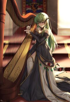 1girl absurdres backlighting bare_shoulders black_dress blurry blurry_background blush breasts budgiepon c.c. cleavage closed_mouth clothing_cutout code_geass commentary crying crying_with_eyes_open detached_collar dress earrings floating_earrings full_body gem green_gemstone green_hair hair_between_eyes harp highres hip_vent indoors instrument jewelry light_particles long_dress long_hair long_sleeves medium_breasts music off-shoulder_dress off_shoulder playing_instrument red_gemstone sad sad_smile sidelocks signature sleeves_past_wrists solo split_mouth standing straight_hair tears thighhighs tsurime very_long_hair white_thighhighs yellow_eyes