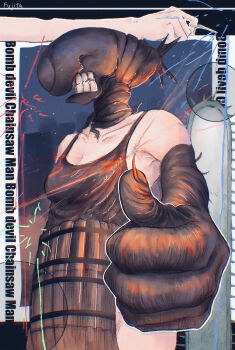 1girl apron black_apron black_gloves bomb_devil_(chainsaw_man) breasts chainsaw chainsaw_man character_name commentary_request copyright_name dynamite elbow_gloves explosive fujitasan_0117 gloves grenade_pin highres object_head small_breasts solo teeth thumbs_up