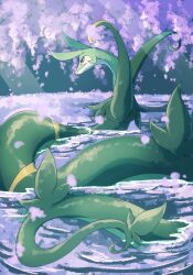 Rule 34 | absurdres, animal, animal focus, back, cherry blossoms, colored skin, creatures (company), game freak, gen 5 pokemon, green skin, highres, in water, lake, nintendo, no humans, ohayou milk, outdoors, pokemon, pokemon (creature), red eyes, serperior, snake, swimming, tail, tree, water