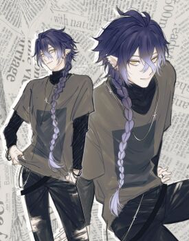1boy absurdres alternate_costume aquilokey black_pants black_shirt blue_hair bracelet braid closed_mouth commentary contrapposto double-parted_bangs ear_piercing earrings english_commentary flins_(genshin_impact) genshin_impact gradient_hair hand_in_pocket highres jewelry layered_sleeves long_hair long_sleeves looking_at_viewer looking_to_the_side male_focus multicolored_hair multiple_earrings multiple_views pants piercing pointy_ears print_shirt shirt short_over_long_sleeves short_sleeves sideways_glance single_braid sitting smile torn_clothes torn_pants very_long_hair yellow_eyes
