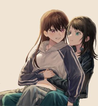 2girls bang_dream! bang_dream!_it&#039;s_mygo!!!!! black_hair blue_eyes blue_pants brown_hair clenched_teeth corrupted_twitter_file cream_background grey_pants hair_between_eyes hand_under_clothes highres long_hair medium_hair multiple_girls on_lap open_mouth pants purple_eyes shiina_taki sitting teeth trileo405 yahata_umiri yuri