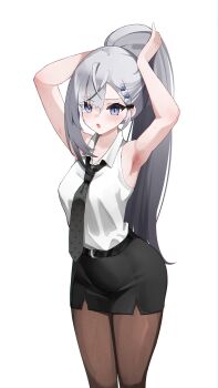 1girl absurdres armpits blue_eyes collared_shirt commentary grey_hair hashtag-only_commentary highres hololive hololive_indonesia long_hair necktie official_alternate_costume open_mouth pantyhose pencil_skirt ponytail shirt simple_background skaarl_(artist) skirt sleeveless solo sweat very_long_hair vestia_zeta vestia_zeta_(businesswoman) virtual_youtuber white_background