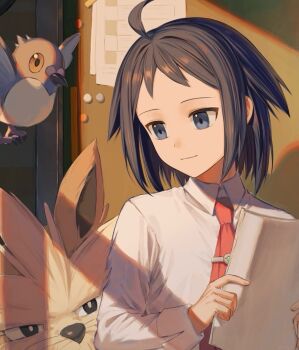 1boy ahoge bird black_hair blue_eyes cheren_(pokemon) closed_mouth collared_shirt commentary_request dog gen_5_pokemon highres holding holding_paper mint_pk necktie nintendo paper pidove pokemon pokemon_(creature) pokemon_bw2 red_necktie shirt short_hair smile stoutland white_shirt