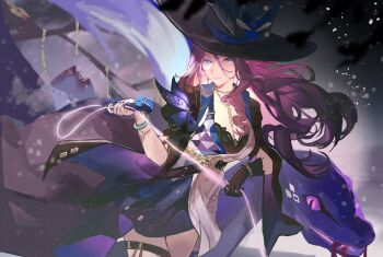 1girl absurdres black_gloves black_hat blurry blurry_background bracelet breasts chinese_commentary cleavage closed_mouth collarbone commentary_request depth_of_field dress floating_hair gloves glowing glowing_eyes glowing_weapon glowing_whip hair_floating_upwards hat head_tilt highres holding holding_weapon holding_whip honkai:_star_rail honkai_(series) huge_breasts hutao_yingying jade_(honkai:_star_rail) jewelry leaning_to_the_side long_hair looking_at_viewer multicolored_dress outdoors pink_hair pink_lips purple_eyes shade sky slit_pupils snake solo sun_hat thighlet thighs upper_body wavy_hair weapon