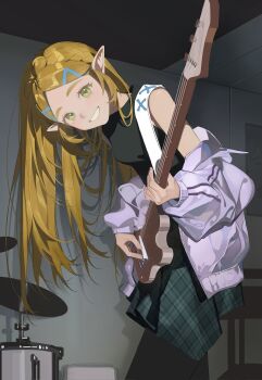 1girl bare_shoulders black_pantyhose black_shirt blonde_hair braid breasts coat coat_partially_removed cowboy_shot crown_braid drum drum_set green_eyes grey_coat guitar hair_ornament hairclip hashtag-only_commentary highres holding holding_guitar holding_instrument indoors instrument leaning_forward long_hair medium_breasts music nintendo pantyhose parted_bangs parted_lips plaid_clothes plaid_skirt playing_guitar playing_instrument pointy_ears princess_zelda shirt sidelocks skirt sleeveless sleeveless_shirt smile solo teeth the_legend_of_zelda the_legend_of_zelda:_breath_of_the_wild yuemianning