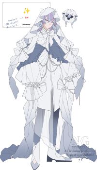 1boy alternate_costume blue_hair bow bowtie commentary_request frown full_body ghost green_eyes head_tilt highres hoshirube_sho light_blush looking_at_viewer male_focus mizuki_(mz) multicolored_hair nijisanji otomo_(hoshirube_sho) pants purple_hair request_inset shirt shoes simple_background sleeves_past_fingers sleeves_past_wrists solo streaked_hair tied_sleeves translation_request veil very_long_veil virtual_youtuber watermark wavebox white_background white_bow white_bowtie white_pants white_shirt white_shoes white_veil