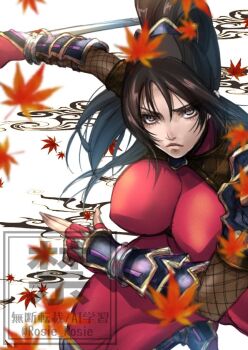 1girl autumn_leaves black_hair bodysuit breasts covered_erect_nipples cowboy_shot high_ponytail holding holding_sword holding_weapon kuji-in large_breasts leaf ninja ponytail red_bodysuit rosie_rosie solo soul_calibur sword taki_(soulcalibur) watermark weapon