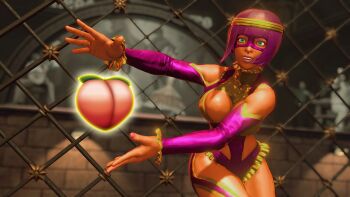 1girl 3d absurdres ancient_egyptian artist_request aura breasts cleavage cleavage_cutout clothing_cutout cosplay curvy dark-skinned_female dark_skin female_focus food fruit highleg highleg_leotard highres leotard looking_at_viewer menat peach purple_hair rainbow_mika_(cosplay) revealing_clothes screencap shiny_skin smile solo street_fighter thong_leotard wide_hips