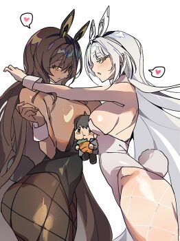 Rule 34 | 2girls, animal ears, black leotard, blanc (nikke), blush, breasts, brown eyes, brown hair, brown pantyhose, character doll, commander (nikke), dark-skinned female, dark skin, detached collar, doll, fake animal ears, fake tail, fishnet pantyhose, fishnets, goddess of victory: nikke, hair intakes, heart, highleg, highleg leotard, highres, huge breasts, leotard, long hair, looking at viewer, medium breasts, mimlmi, multiple girls, noir (nikke), pantyhose, playboy bunny, rabbit ears, rabbit tail, sideboob, spoken heart, strapless, strapless leotard, tail, thighs, very long hair, white hair, white leotard, wrist cuffs, yellow eyes