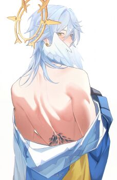 1boy absurdres artist_name back blue_hair blush clothes_down commentary earrings from_behind halo halo_behind_head head_wings highres honkai:_star_rail honkai_(series) japanese_clothes jewelry looking_at_viewer male_focus medium_hair moonya simple_background solo spiked_halo sunday_(honkai:_star_rail) wet white_background wings yellow_eyes