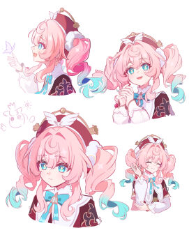 1girl aqua_bow aqua_bowtie aqua_eyes aqua_hair beret bow bowtie bug butterfly commentary_request cropped_torso drill_hair gradient_hair hair_intakes hat highres honkai:_star_rail honkai_(series) hyacine_(honkai:_star_rail) insect kuroi_taimu little_ica_(honkai:_star_rail) medium_hair multicolored_hair multiple_views pink_hair red_hat sidelocks simple_background smile twin_drills two-tone_hair white_background yellow_pupils