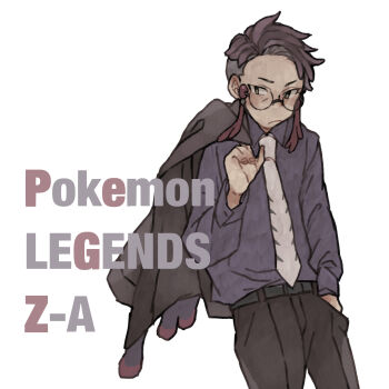 1boy absurdres belt black-framed_eyewear black_pants collared_shirt corbeau_(pokemon) eyewear_strap glasses hand_in_pocket highres holding holding_jacket holding_unworn_clothes ichi_kawa_ichi jacket jacket_over_shoulder necktie nintendo pants parted_hair pokemon pokemon_legends:_z-a purple_shirt round_eyewear shirt shirt_tucked_in solo undercut unworn_jacket white_background white_necktie