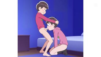 2boys animated bedroom blush bottomless character_request fellatio hand_on_another&#039;s_head hood hoodie incest kneeling male_focus multiple_boys oral osomatsu-san osomatsu_(series) penis short_hair shota siblings standing tagme testicles video yaoi ybourl31