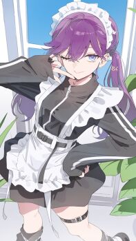 1girl apron belt black_belt black_jacket black_leg_warmers black_nails black_shoes black_skirt blue_eyes butterfly_hair_ornament closed_mouth commentary_request ev_(dai00888) feet_out_of_frame finger_to_mouth fingernails frilled_apron frills gakuen_idolmaster hair_ornament hand_on_own_hip hand_up highres idolmaster index_finger_raised jacket jersey_maid kaya_rinha leaning_forward leg_warmers long_hair looking_at_viewer maid maid_apron maid_headdress miniskirt mole mole_on_neck nail_polish one_eye_closed purple_hair shoes signature skirt smile solo standing striped_clothes striped_jacket thigh_belt thigh_strap track_jacket twintails unconventional_maid waist_apron white_apron white_headdress window