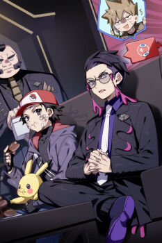 4boys 88_(einnimnech) :t alternate_costume bandaid bandaid_on_face black_jacket black_pants black_shirt black_shoes black_socks blue_oak collared_shirt commentary_request corbeau_(pokemon) couch crossed_legs eating food gen_1_pokemon gen_4_pokemon grey_jacket highres holding hood hood_down hooded_jacket interlocked_fingers jacket male_focus multiple_boys necktie nintendo open_clothes open_jacket own_hands_together pants philippe_(pokemon) pikachu pokemon pokemon_(creature) pokemon_legends:_z-a red_(pokemon) rotom rotom_phone shirt shoes sitting socks white_necktie