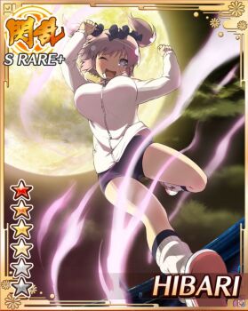 +_+ 1girl :d aura black_buruma black_ribbon blue_eyes bow breasts buruma flower-shaped_pupils full_moon game_cg hair_bow hibari_(senran_kagura) highres incoming_kick jacket kicking large_breasts midair moon night night_sky non-web_source official_alternate_costume official_art one_eye_closed open_mouth pink_hair pink_pupils ribbon senran_kagura senran_kagura_new_wave short_hair short_twintails sky smile symbol-shaped_pupils track_jacket twintails