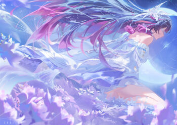 Rule 34 | 1girl, artist name, bare shoulders, black hair, closed eyes, closed mouth, columbina (genshin impact), commentary, dress, eye mask, from side, genshin impact, hair ornament, highres, long hair, mask, multicolored hair, purple hair, shalink, signature, sitting, solo, untranslatable commentary, very long hair, white dress, wing hair ornament