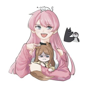 2girls animal_ears animalization bang_dream! bang_dream!_it's_mygo!!!!! bird blue_eyes blush brown_hair cat chihaya_anon chiino_exe chinese_commentary commentary_request fox_ears fox_girl fox_tail grey_eyes highres jacket kaname_raana kemonomimi_mode long_hair multiple_girls mygo!!!!!_(bang_dream!) nagasaki_soyo open_mouth penguin pink_hair pink_jacket raana_the_cat shiina_taki tail takamatsu_tomori tank_top teeth upper_teeth_only white_tank_top wolf