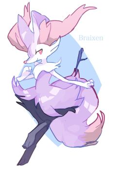 Rule 34 | alternate color, artist name, black fur, braixen, buntatta, gen 6 pokemon, looking at viewer, nintendo, pokemon, pokemon (creature), purple fur, red eyes, shiny pokemon, simple background, solo, tail, white background, white fur