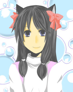 1girl animal_ears black_hair blue_eyes bow bubble cat_ears cat_girl closed_mouth commentary_request hair_bow long_hair long_sleeves looking_at_viewer merchant_(ragnarok_online) pink_vest ragnarok_online red_bow shirt smile solo suzuki_yuuma upper_body vest white_shirt