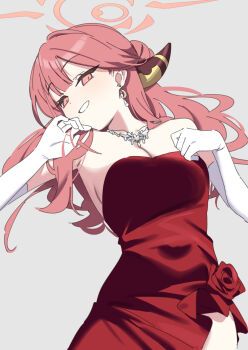 1girl aru_(blue_archive) aru_(dress)_(blue_archive) blue_archive breasts cleavage demon_horns dress earrings elbow_gloves evening_gown gloves halo highres horns jewelry large_breasts long_hair looking_at_viewer lying necklace official_alternate_costume on_back pink_hair pink_halo red_dress smile solo strapless strapless_dress supershiruco teeth white_gloves