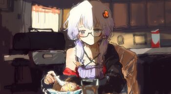 1girl absurdres bag bespectacled black_jacket blurry blurry_background blurry_foreground cabinet chair closed_mouth commentary_request criss-cross_halter cup day dress drink_carton drinking_glass duffel_bag food fried_rice frown glasses halter_dress halterneck highres holding holding_spoon house indoors jacket kabuyama_kaigi long_hair long_sleeves looking_at_viewer milk_carton off_shoulder on_chair open_clothes open_jacket overexposure purple_dress purple_eyes purple_hair short_hair_with_long_locks sidelighting sidelocks single_bare_shoulder sitting solo spoon upper_body vocaloid voiceroid window yuzuki_yukari