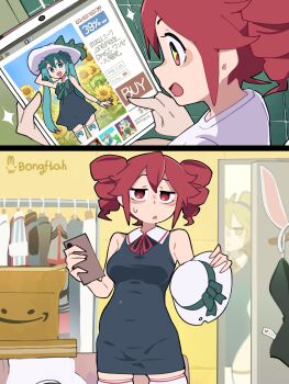3girls :d absurdres akita_neru amazon_(company) aqua_eyes aqua_hair artist_name black_dress blonde_hair bongftah breasts cellphone commentary dress dressing_room drill_hair fat_joke hat hatsune_miku highres holding holding_phone holding_unworn_clothes holding_unworn_hat kasane_teto kasane_teto_(sv) kasane_teto_(utau) medium_breasts mesmerizer_(vocaloid) multiple_girls open_mouth phone red_hair shirt short_hair smartphone smile sparkling_eyes standing symbol-only_commentary thighhighs tight_clothes twin_drills twintails undersized_clothes unworn_hat unworn_headwear unworn_shirt utau vocaloid white_hat white_thighhighs