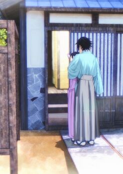 1boy 1girl absurdres aqua_shirt architecture artist_name black_hair butterfly_hair_ornament commentary couple east_asian_architecture english_commentary full_body grey_hakama hair_ornament hakama hand_in_another's_hair hetero highres japanese_clothes kimetsu_no_yaiba kimono kochou_shinobu niku_(ni23ku) outdoors purple_kimono sandals shirt short_hair socks standing tabi tomioka_giyuu weibo_username white_socks