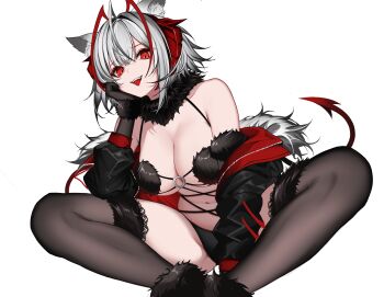 1girl :p absurdres ahoge alternate_color alternate_costume animal_ears antennae arknights bare_shoulders black_gloves black_jacket black_thighhighs breasts cleavage cosplay demon_girl demon_horns demon_tail elbow_gloves fate/grand_order fate_(series) fur-trimmed_gloves fur-trimmed_legwear fur_bikini fur_collar fur_trim gloves grey_hair hair_intakes halloween_costume head_rest highres horns jacket large_breasts looking_at_viewer mash_kyrielight mash_kyrielight_(dangerous_beast) mash_kyrielight_(dangerous_beast)_(cosplay) myb52 o-ring o-ring_top off_shoulder open_clothes open_jacket open_mouth red_eyes red_horns short_hair simple_background smile solo tail thighhighs thighs tongue tongue_out w_(arknights) white_background wis&#039;adel_(arknights) wolf_ears wolf_tail