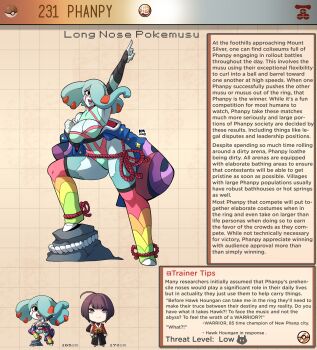 1boy 1girl ahoge aqua_skin black_eyes breasts character_profile chibi chibi_inset colored_skin gen_2_pokemon highres kinkymation large_breasts nintendo personification phanpy pointing poke_ball pokemon purple_eyes short_hair smile