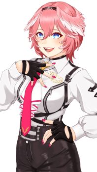 Rule 34 | blush, breast zipper, hair between eyes, head wings, high-waist shorts, highres, hololive, holox, leather shorts, looking at viewer, pink hair, ringo 21 a, shirt, shorts, smile, takane lui, takane lui (1st costume), virtual youtuber, white shirt, wings