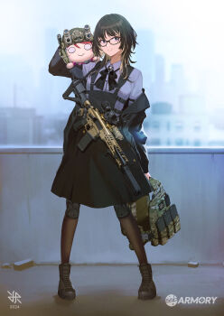 1girl 2024 artist_logo artist_self-insert black_boots black_bow black_hair black_jacket black_pantyhose black_skirt blonde_hair boots bow bowtie cityscape collared_shirt full_body glasses grey_shirt gun highres hiroki_ree jacket knee_pads load_bearing_vest logo long_sleeves looking_at_viewer love_live! love_live!_sunshine!! medium_hair multicolored_hair nesoberi off_shoulder original outdoors pantyhose purple_eyes sakurauchi_riko shirt skirt smile solo streaked_hair tactical_clothes weapon