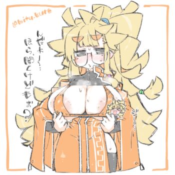 1girl 2025 adjusting_clothes annoyed big_hair bikini black_eyes black_sleeves black_thighhighs blonde_hair blue_scrunchie blunt_bangs breasts chibi chibi_inset chinese_clothes collar commentary cowboy_shot curly_hair detached_sleeves dress huge_breasts kureha_mitsushige long_hair looking_at_viewer micro_bikini mitsushige-chan_(kureha_mitsushige) orange_bikini orange_dress original outside_border ponytail puckered_lips scrunchie semi-rimless_eyewear shrug_(clothing) simple_background standing steaming_body sweat sweatdrop swimsuit thick_thighs thighhighs thighs very_long_hair white_background wide_sleeves