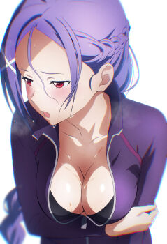 1girl alternate_costume black_one-piece_swimsuit blush braid braided_ponytail breasts cleavage collarbone commentary_request embarrassed from_above hair_ornament half_up_braid highres hand_on_own_arm jacket large_breasts long_hair looking_to_the_side mito_(sao) nuguri444 one-piece_swimsuit open_mouth partially_open_jacket purple_eyes purple_jacket red_eyes simple_background solo breath sweat swimsuit sword_art_online sword_art_online_progressive textless_version upper_body very_sweaty white_background x_hair_ornament