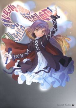 1girl absurdres arm_up brown_eyes brown_hair dress female_focus frills gradient_hair highres hijiri_byakuren juliet_sleeves long_hair long_sleeves multicolored_hair outstretched_arms parted_lips pop puffy_sleeves purple_hair scan simple_background solo sorcerer&#039;s_sutra_scroll touhou turtleneck two-tone_hair