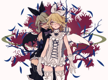 2girls angel_wings black_vs_white black_wings blonde_hair bow dress dual_persona fangs gloves hair_bow hair_over_one_eye hair_ribbon kagamine_rin multiple_girls open_mouth ribbon rina rina_(toymicazm) short_hair skirt smile thighhighs vocaloid white_dress white_skirt wings yellow_eyes zettai_ryouiki
