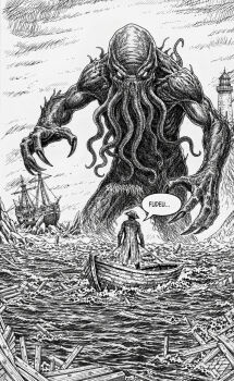 1other ambiguous_gender arms_at_sides boat coat commentary english_commentary grand_scale greyscale hat highres lighthouse monochrome monster ocean on_boat original outdoors portuguese_text ship soadscorpion speech_bubble standing traditional_media translation_request watercraft wreckage