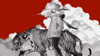 1boy animal artist_name black_pants closed_mouth cloud cloudy_sky dated eteru feet_out_of_frame fur-trimmed_jacket fur_trim grey_hair grey_jacket hair_between_eyes hands_in_pockets highres hood hood_down hooded_jacket jacket limited_palette long_sleeves looking_at_viewer monochrome original pants red_background scarf short_hair sky smoke solo spot_color standing tiger white_hair white_tiger