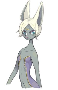 1girl aged_down animal_ears animal_nose blue_eyes breasts collarbone colored_skin eyelashes facial_hair furry furry_female grey_skin leotard looking_at_viewer mineru_(zelda) navel nintendo purple_leotard simple_background small_breasts smile solo the_legend_of_zelda the_legend_of_zelda:_tears_of_the_kingdom usa_mmmmmmmm white_background white_hair