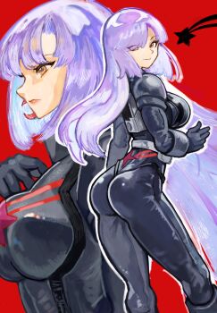 1girl ass black_bodysuit bodysuit breasts brown_eyes crescent crescent_earrings earrings from_side gundam gundam_zz highres jewelry long_hair looking_at_viewer mecha_pilot_suit multiple_views okrdisk2000 purple_hair red_background roux_louka simple_background smile very_long_hair