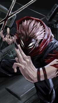 1boy arm_tattoo black_jacket black_nails black_pants commentary debris english_commentary extra_eyes facial_tattoo feet_out_of_frame fighting herrscheysyuji highres hood hood_down jacket jujutsu_kaisen night outdoors pants pink_hair red_hood ryoumen_sukuna_(jujutsu_kaisen) scene_reference shaded_face solo spiked_hair standing tattoo train