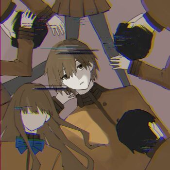 blank_eyes blue_bow blue_bowtie bow bowtie brown_eyes brown_hair buttons collar fate/extra fate/extra_last_encore fate_(series) hair_between_eyes highres kishinami_hakuno_(female) kishinami_hakuno_(male) long_hair long_sleeves open_mouth remyfate_extra school_uniform shirt short_hair solo_focus static tsukumihara_academy_uniform_(fate/extra) yellow_shirt