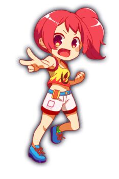 akane_(crash_fever) bare_arms bare_legs bare_shoulders blue_shoes blush_stickers cel_shading chibi crash_fever eyes_over_blush fang full_body game_cg green_socks knot leg_up lowres midriff navel numbered official_art open_mouth outline red_eyes red_hair red_outline saturated shirt shoes shorts side_ponytail sidelocks simple_background single_sock sneakers socks solo square square_print tachi-e tank_top tongue transparent_background two-tone_shirt v v-shaped_eyebrows white_shorts yellow_shirt