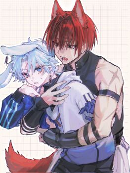 2boys animal_ears armband black_eyes blue_eyes commentary_request earrings fangs fate/grand_order fate_(series) fingerless_gloves gloves grey_hair grid_background hair_intakes harada_sanosuke_(fate) highres hug hug_from_behind jewelry kemonomimi_mode male_focus multiple_boys multiple_scars open_mouth rabbit_boy rabbit_ears red_hair scar scar_on_arm scar_on_face scar_on_forehead shirt short_hair sleeveless sleeveless_shirt sweatdrop tail toned toned_male toudou_heisuke_(fate) upper_body wolf_boy wolf_ears wolf_tail yezizizzzz02