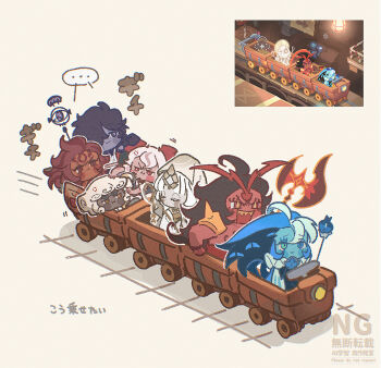 1other 3boys 3girls bat_wings black_sapphire_cookie blue_hair burning_spice_cookie candy_apple_cookie cloud_haetae_cookie colored_skin commentary cookie_run cookie_run:_kingdom highres ishrkut looking_at_another multiple_boys multiple_girls multiple_others mystic_flour_cookie nutmeg_tiger_cookie pointy_ears purple_skin red_eyes shadow_milk_cookie sitting tiger_girl train weapon wings