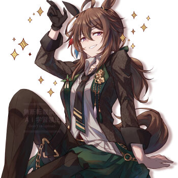 Rule 34 | 1girl, :d, ahoge, animal ears, arm up, black gloves, black jacket, black necktie, black pants, brown hair, chain, collared shirt, commentary, ear covers, ear ornament, facial mark, feathers, gloves, grin, hair between eyes, highres, holly, horse ears, horse girl, horse tail, jacket, long hair, long sleeves, looking at viewer, nakayama festa (festival game) (umamusume), nakayama festa (umamusume), necktie, official alternate costume, open mouth, pants, purple eyes, shirt, simple background, single ear cover, single glove, sitting, smile, solo, sparkle, sparkling aura, star (symbol), star facial mark, tail, thigh strap, umamusume, watermark, white background, white shirt, yue (lov n n)