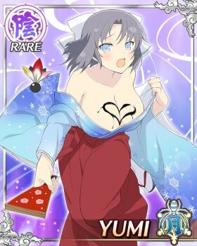 Rule 34 | 1girl, :o, blue eyes, blue kimono, border, bow, breasts, card (medium), character name, cleavage, game cg, grey hair, hagoita, hair bow, hakama, hane (hanetsuki), hanetsuki, heart, heart print, holding, holding paddle, ink on breast, japanese clothes, kimono, large breasts, looking at viewer, low neckline, medium hair, official art, paddle, red hakama, senran kagura, senran kagura new wave, snowflake print, solo, striped bow, third-party source, white bow, yumi (senran kagura)