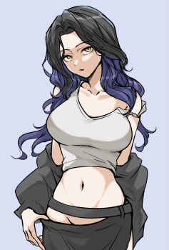 1girl absurdres arm_behind_back belt black_belt black_hair black_jacket black_skirt blue_background blue_hair breasts clothes_pull collarbone commentary_request cowboy_shot crop_top grey_tank_top groin highres jacket large_breasts long_hair long_sleeves looking_at_viewer midriff multicolored_hair navel nittora off_shoulder official_alternate_costume official_alternate_hairstyle open_clothes open_jacket orange_eyes parted_bangs parted_lips project_sekai shiraishi_an side_slit sidelocks simple_background skirt skirt_pull solo strap_slip tank_top two-tone_hair wavy_hair zozotown