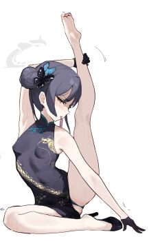 1girl armpits bare_legs bare_shoulders black_dress black_hair blue_archive blush breasts butterfly_hair_ornament china_dress chinese_clothes condom condom_in_mouth covered_erect_nipples dragon_print dress exercising feet flexible gloves hair_bun hair_ornament halo high_heels highres kisaki_(blue_archive) leg_up legs loli long_hair looking_at_viewer mouth_hold panties partially_visible_vulva pelvic_curtain print_dress sawaki_ken simple_background sleeveless sleeveless_dress small_breasts soles solo split spread_legs standing stretching thighs thong twintails underwear white_background wide_spread_legs