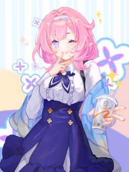 1girl blue_eyes blue_scarf breasts chinese_commentary commentary_request cup disposable_cup elf elysia_(coco)_(honkai_impact) elysia_(honkai_impact) hairband highres holding holding_cup honkai_(series) honkai_impact_3rd large_breasts licking_lips long_hair looking_at_viewer multicolored_background official_alternate_costume one_eye_closed pink_hair pointy_ears procreate_(medium) scarf seawave02974 solo tongue tongue_out white_hairband